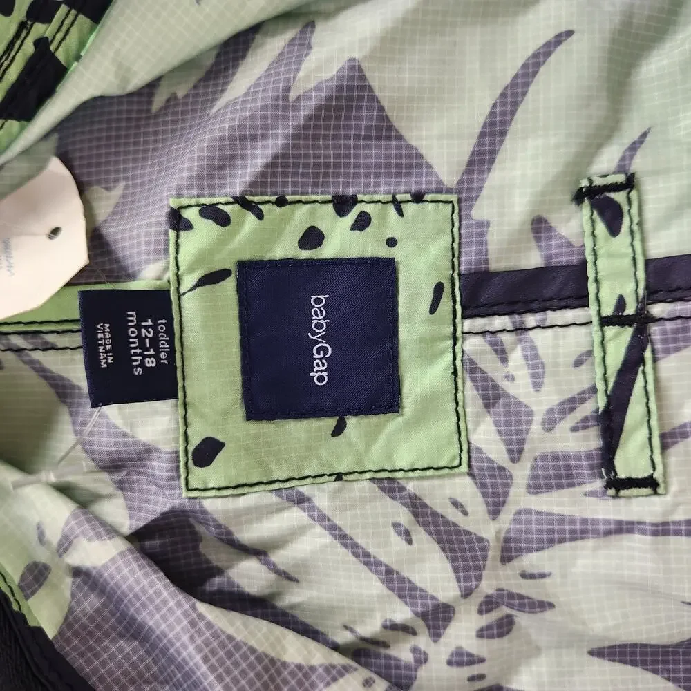 NWT Baby Gap Toddler Windbreaker Rain Jacket Hood Green Palms 12-18 M Zip Up